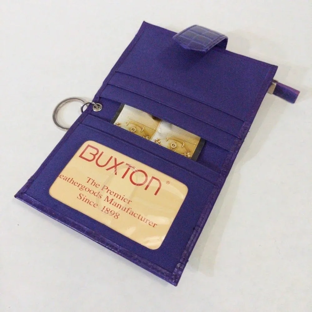 Buxton Purple Leather Card Case Wallet Croc Embossed Keyring RFID Insert NWT